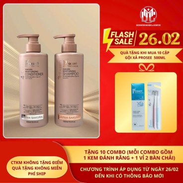 [Mua 10 cặp PS2/PC2 tặng 10 combo  (Mỗi combo gồm  1 kem đánh răng + 1 vỉ 2 bàn chải) ] Cặp dầu gội xả PROSEE Sakura Moisturizing 500ml( dầu gội dành cho tóc dầu bết dính chống rụng)