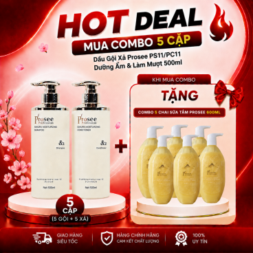 [Mua 5 cặp PS11/PC11 Tặng 5 sữa tắm Prosee màu vàng  600ml ] Cặp gội xả Prosee trắng 500ml – Dưỡng Ẩm & Làm Mượt Tóc Tức Thì