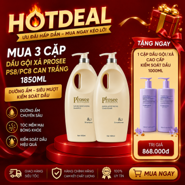 Tặng ngay 1 cặp dầu gội/xả 1000ml CS4/CC4  Kiểm Soát Dầu  khi Mua Combo 3 Cặp Dầu gội xả Prosee PS8/PC8 Can Trắng 1850ml – Dưỡng tóc mềm mượt, phục hồi hư tổn