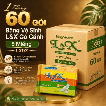 [1 thùng 60 Gói] Băng Vệ Sinh L&XCó Cánh 8 Miếng (LX02)